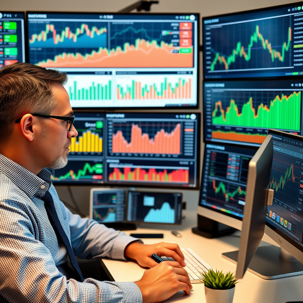 Professional financial advisor analyzing investment charts and graphs on multiple monitors, showing diversified portfolio allocation with stocks, bonds, and emerging market opportunities for 2024 wealth building strategies