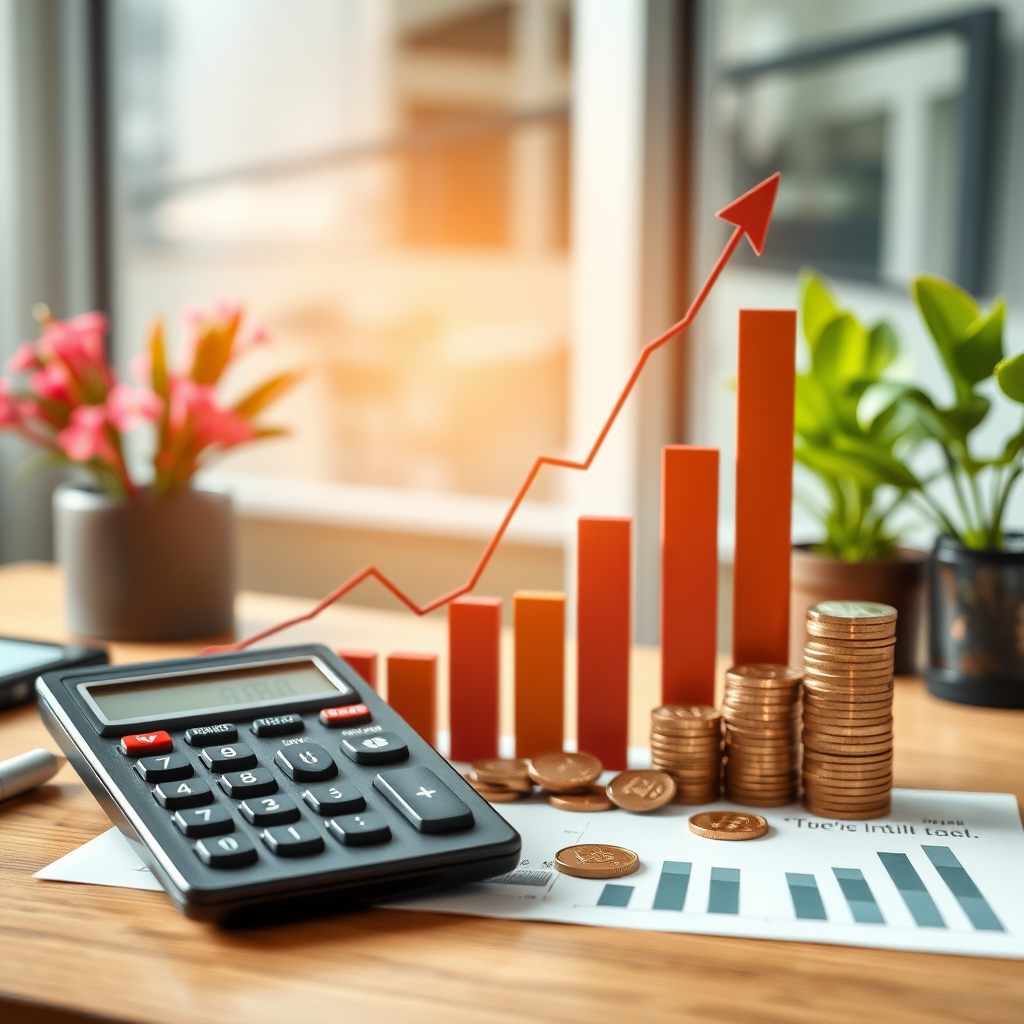 Professional investment growth chart showing upward trending financial data with calculator, coins, and stock market graphs on a modern desk