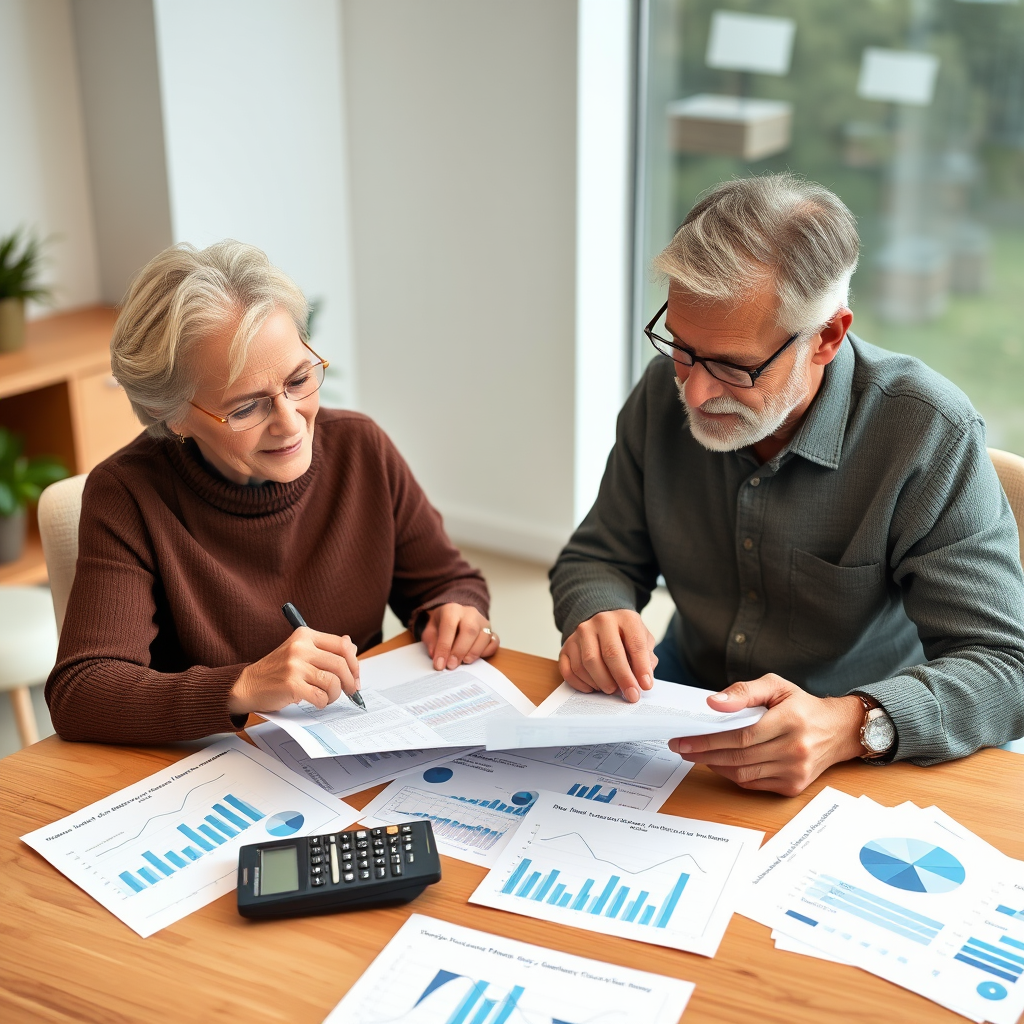 Senior couple reviewing retirement financial documents at a modern desk with calculator, charts, and investment papers spread out, representing comprehensive retirement planning and financial security