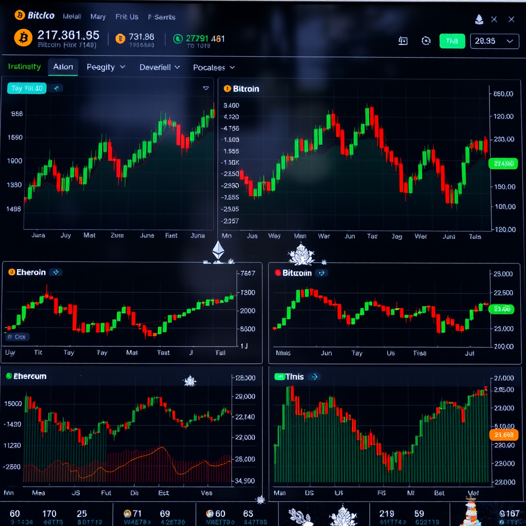 Digital cryptocurrency market analysis dashboard showing Bitcoin, Ethereum and altcoin price charts with winter trading patterns and market indicators