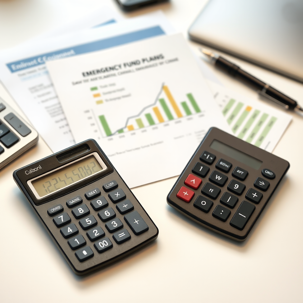 Professional financial calculator with emergency fund planning documents, charts showing savings growth, and cash reserves on a clean desk setup