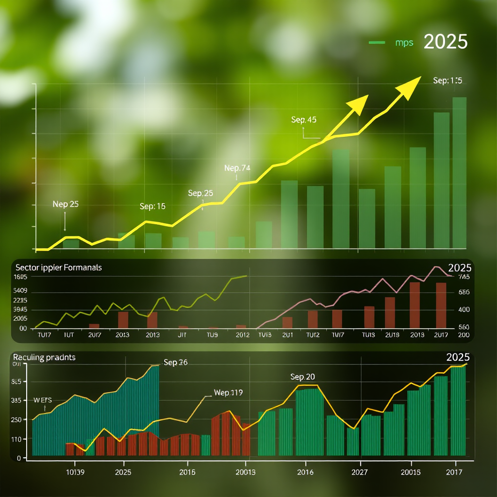 Professional stock market analysis chart showing upward trends with multiple sector performance indicators, financial graphs, and growth projections for 2025