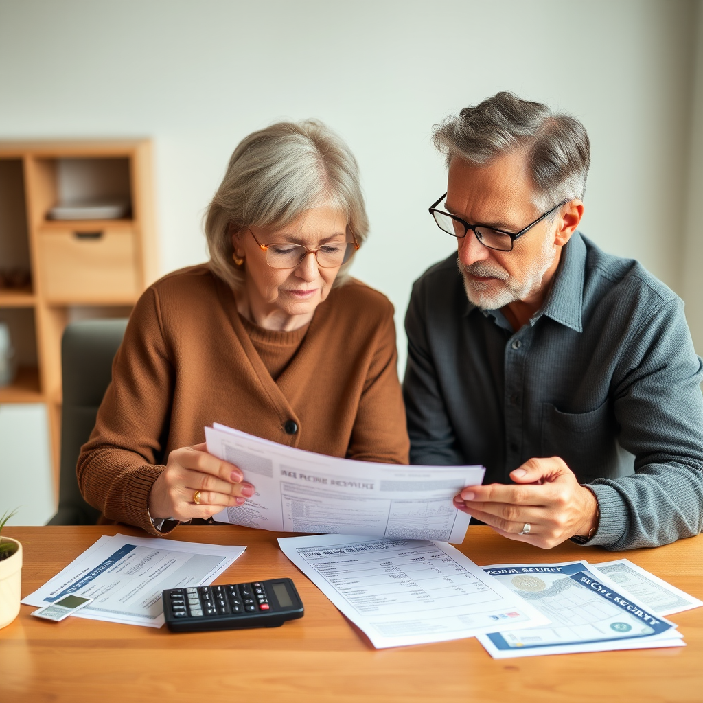 Mature couple in their 50s reviewing retirement documents and financial statements at a modern desk, with calculator, 401k statements, and Social Security paperwork visible, planning their secure financial future