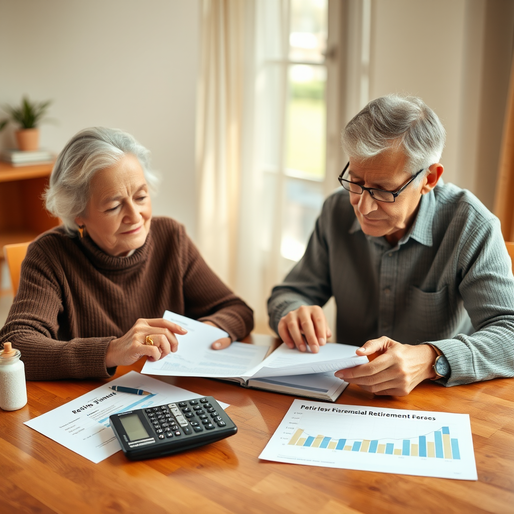Peaceful retirement scene with elderly couple reviewing financial documents, calculator and retirement savings charts on a wooden table with warm lighting