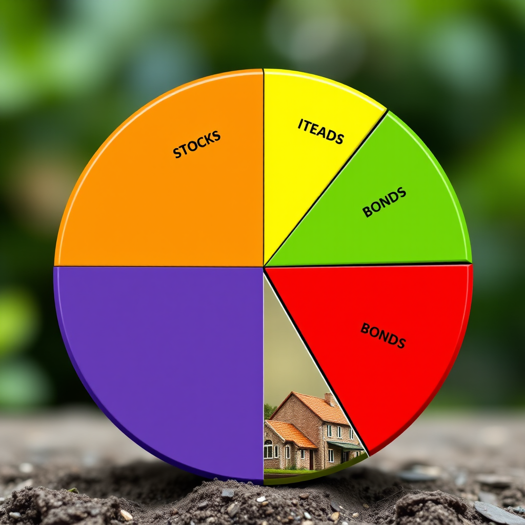 Colorful pie chart showing diversified investment portfolio allocation across stocks, bonds, real estate, and commodities