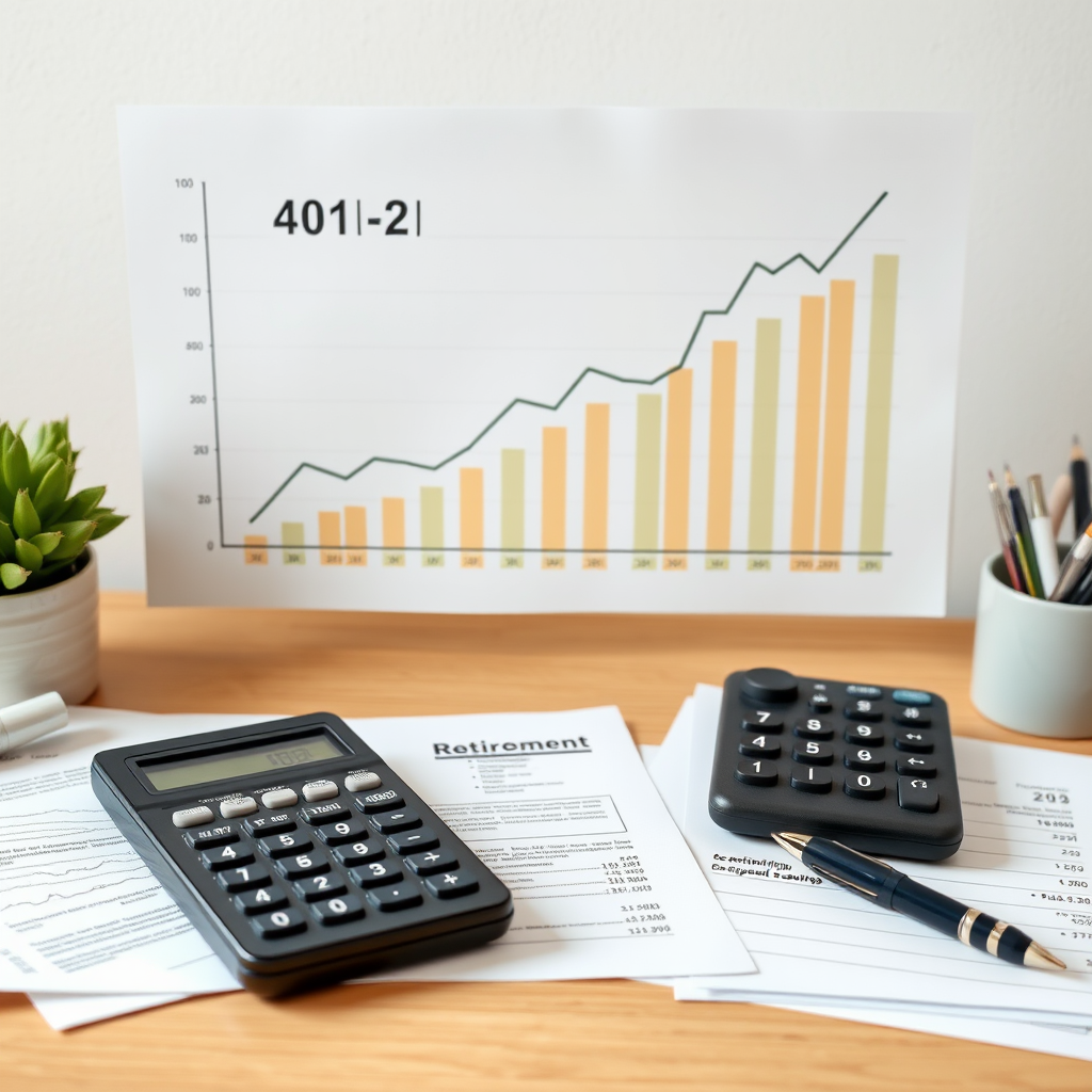 Professional financial chart showing 401k growth projections with upward trending lines, calculator, and retirement savings documents on a clean desk