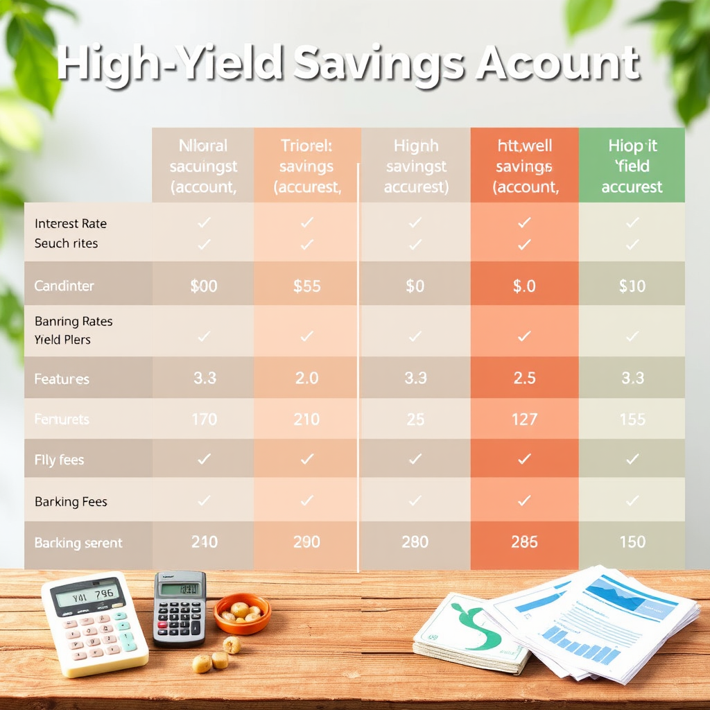 Side-by-side comparison chart showing different high-yield savings account interest rates, fees, and features with calculator and banking documents