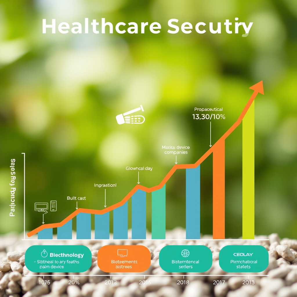 Healthcare sector growth chart showing biotechnology stocks, medical device companies, and pharmaceutical innovation trends with upward trajectory indicators