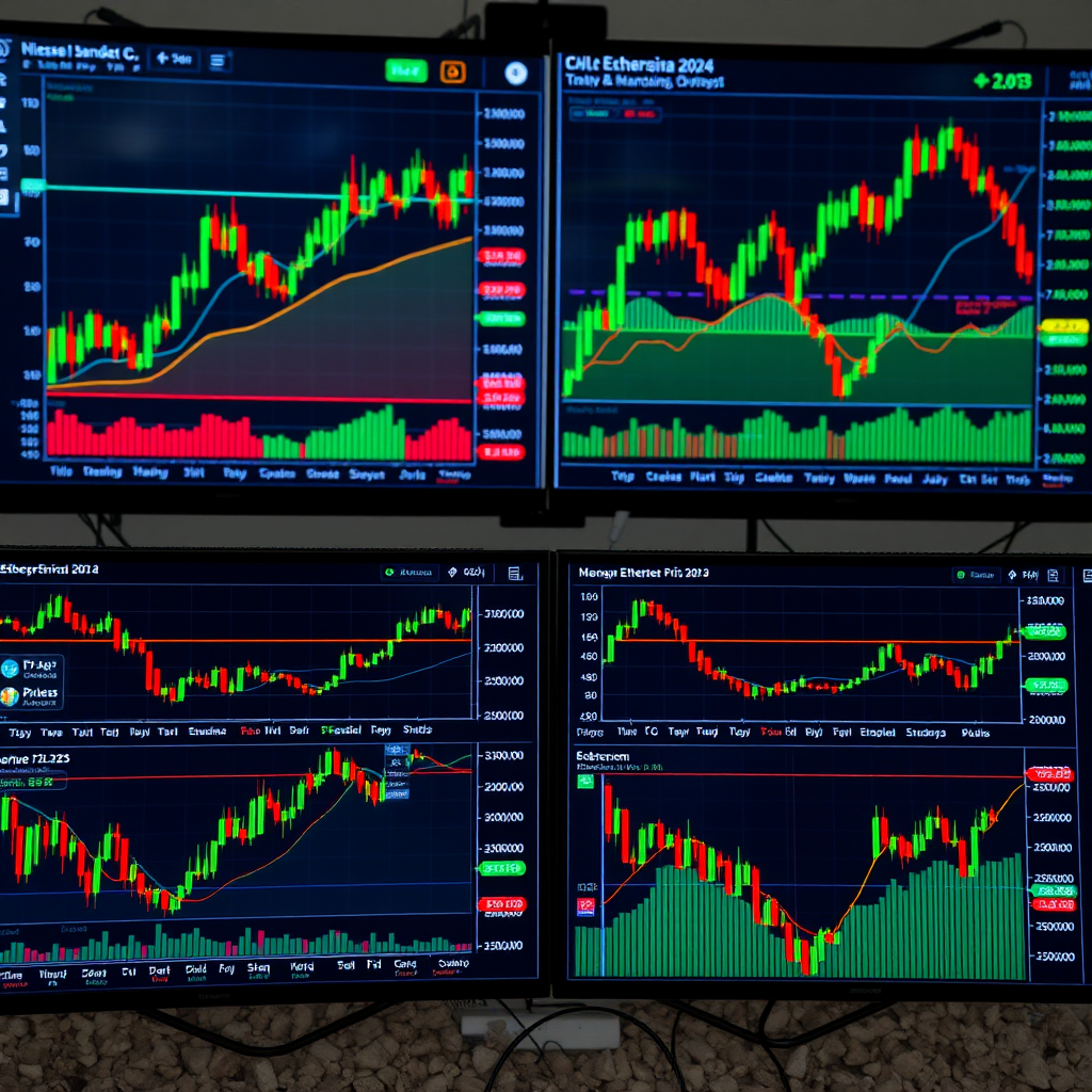 Digital cryptocurrency trading dashboard displaying Bitcoin, Ethereum, and altcoin price charts with technical analysis indicators, candlestick patterns, and market trend data on multiple screens for winter 2024 analysis