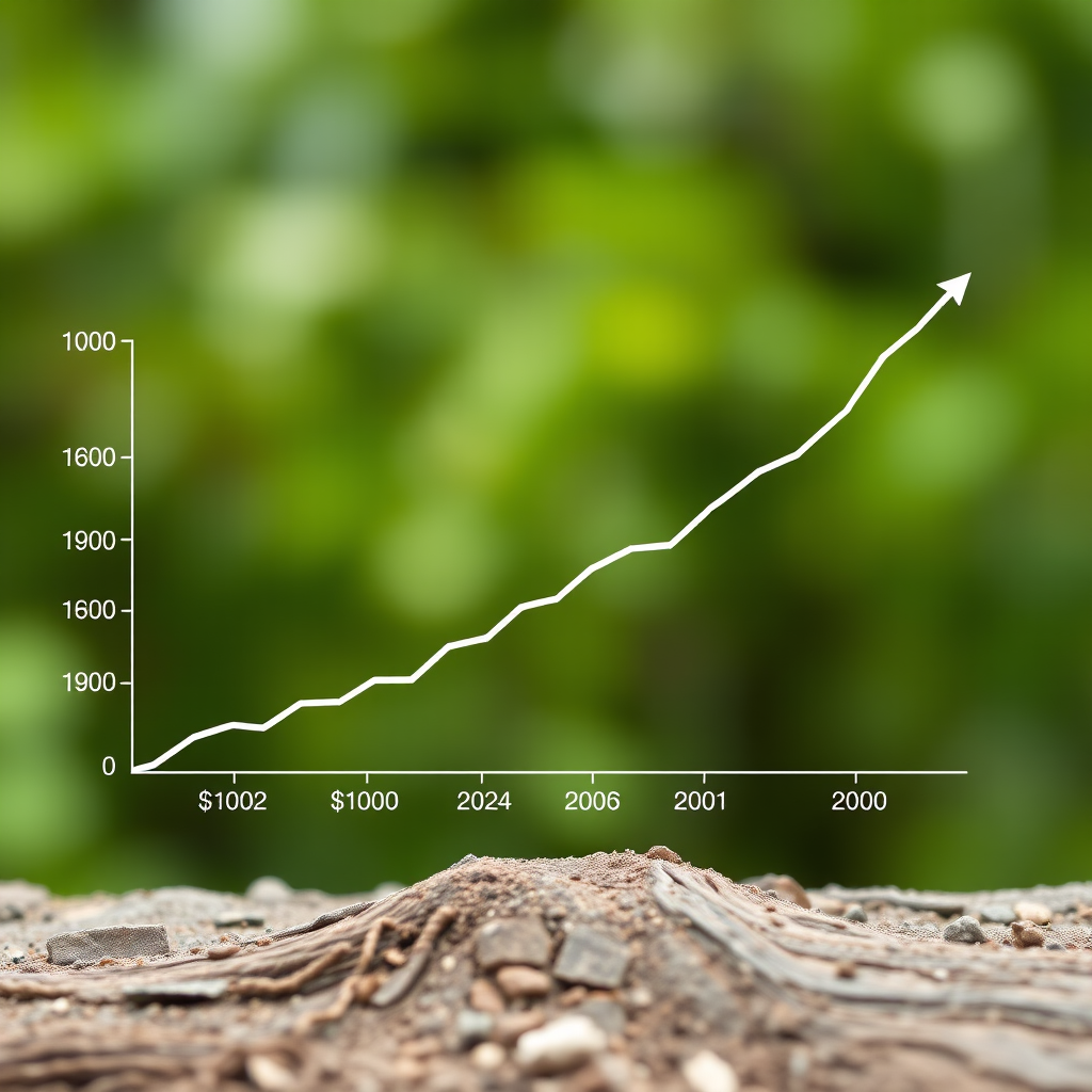 Line graph showing steady upward growth of index fund performance over 10 years with low fee structure highlighted