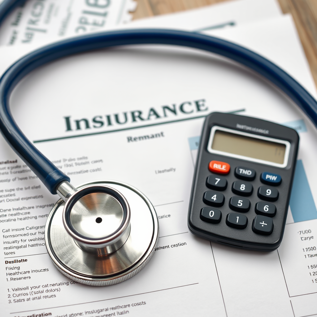 Medical stethoscope lying on top of healthcare insurance documents and bills with calculator showing rising healthcare costs in retirement planning