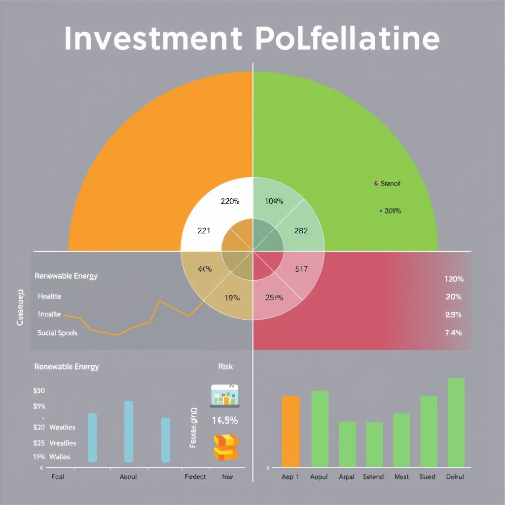 Professional investment portfolio allocation chart showing diversified holdings across technology, healthcare, renewable energy, and consumer goods sectors with risk management indicators