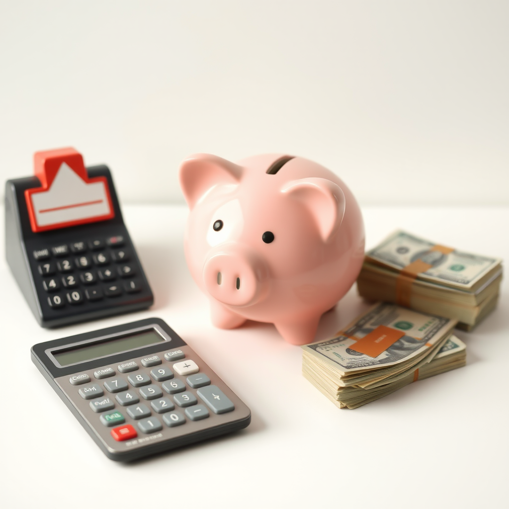 Emergency savings concept with piggy bank, calculator, and cash money stacks on a clean white desk, representing financial security and emergency fund planning