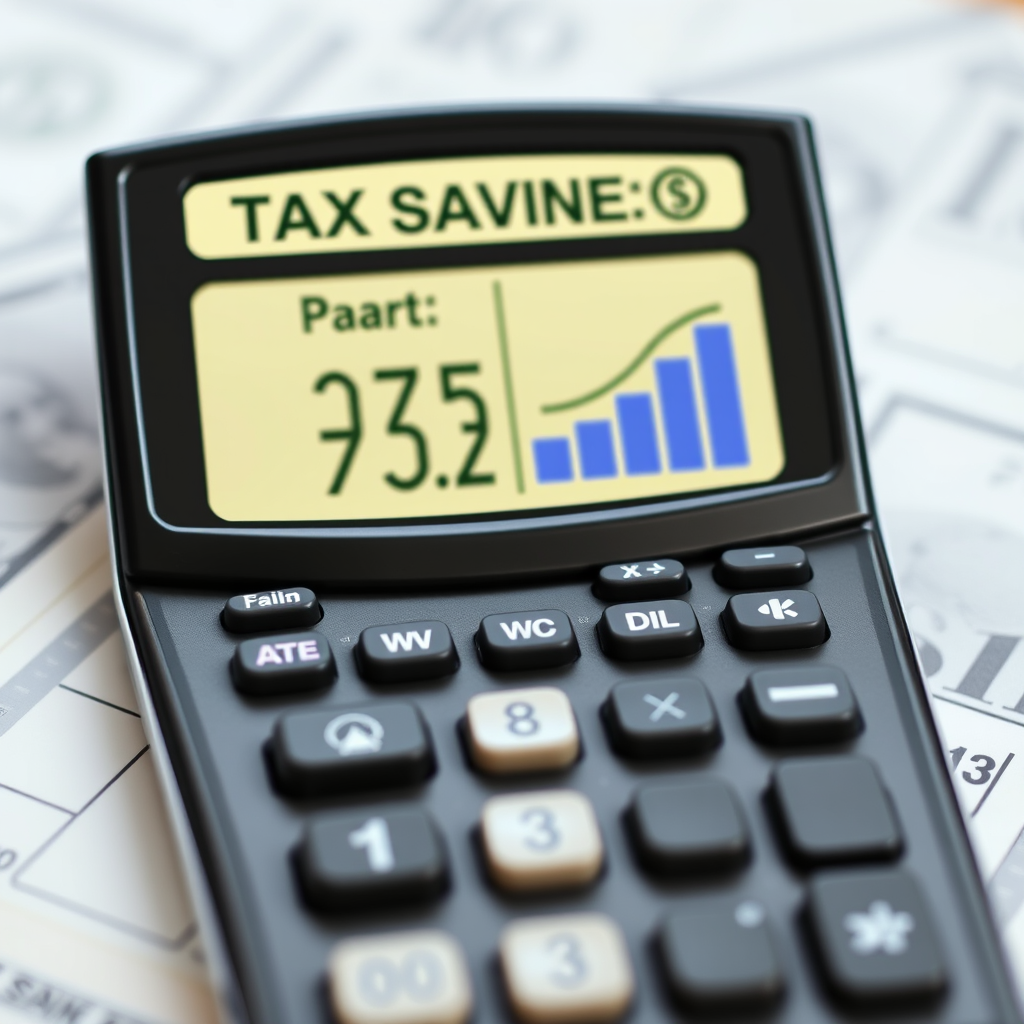 Digital calculator showing tax savings calculations with retirement account contribution charts and dollar signs