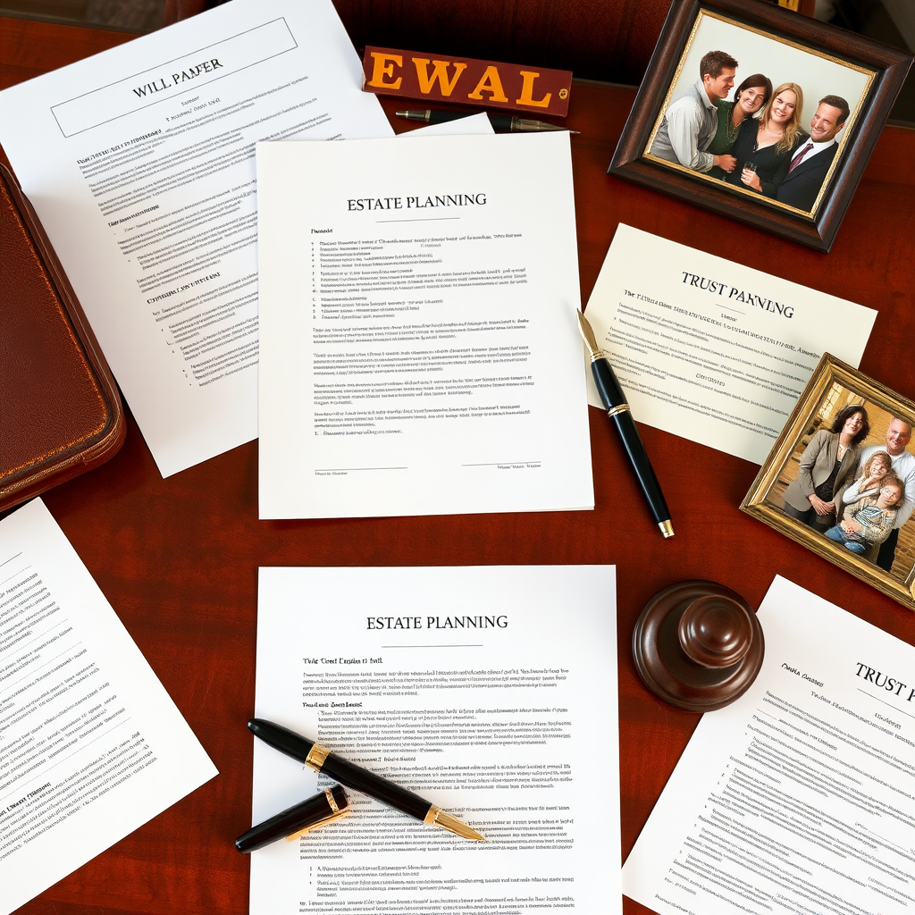 Professional estate planning documents including will, trust papers, and legal forms arranged on a mahogany desk with fountain pen and family photos