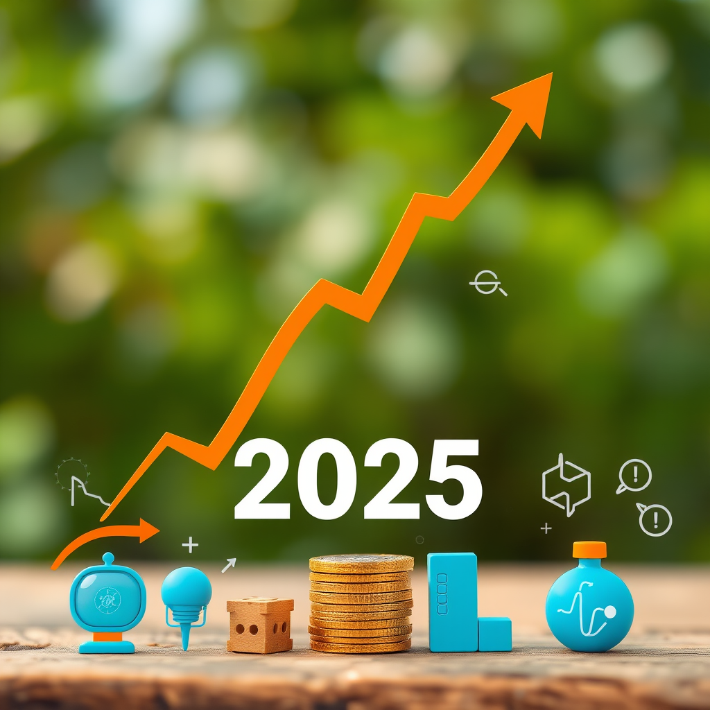 Stock market outlook visualization with rising trend arrows, sector performance charts, technology and healthcare icons, representing growth opportunities for 2025 investments