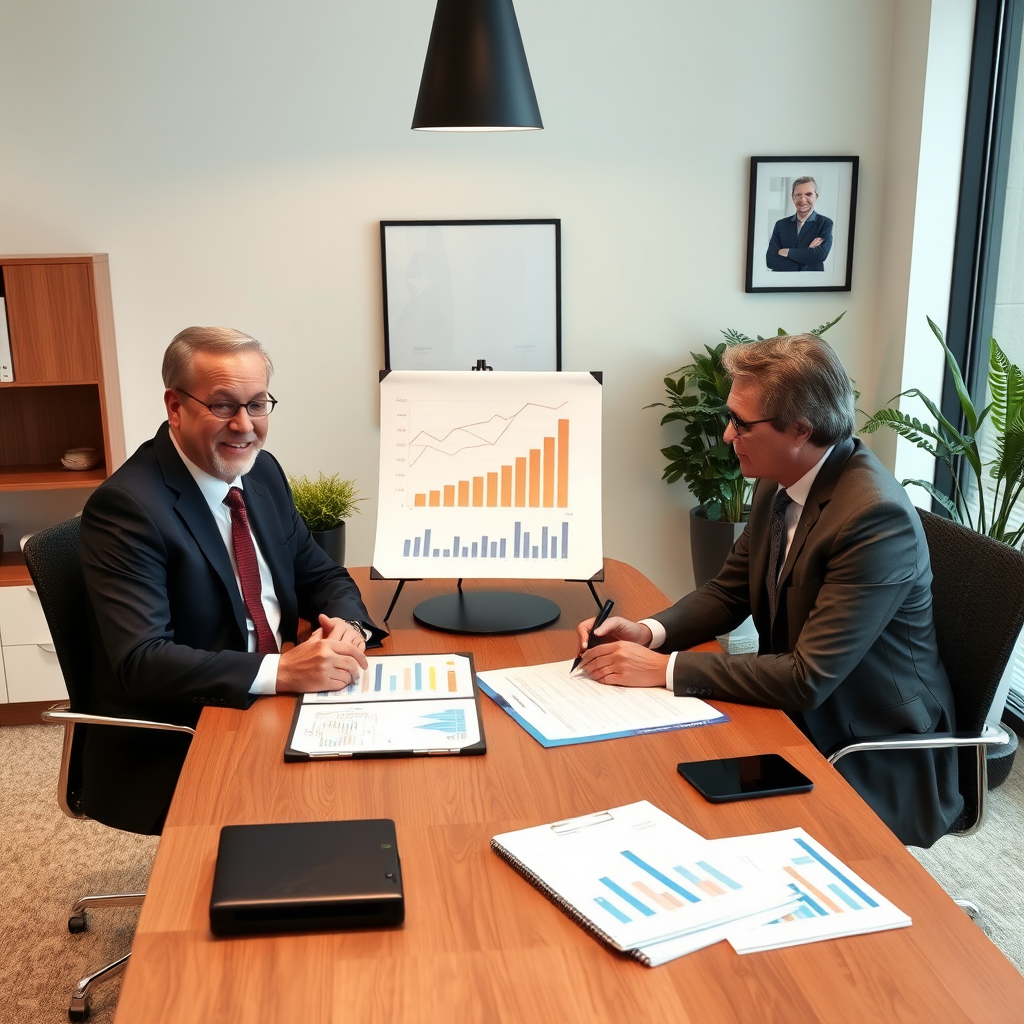 Professional financial advisor meeting with clients, showing investment growth charts and planning documents on a modern office desk